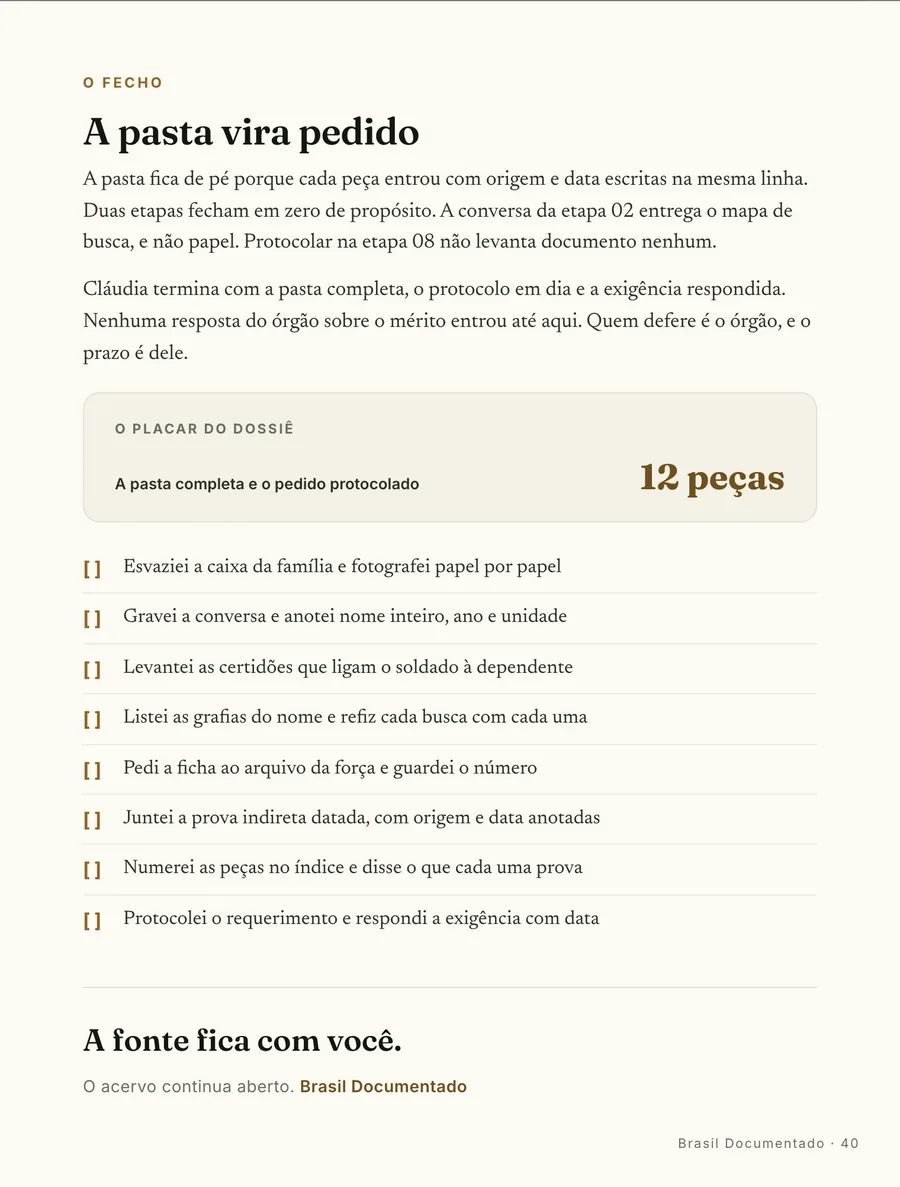 O fecho: O placar da Cláudia: doze peças na pasta, o pedido protocolado e a exigência respondida